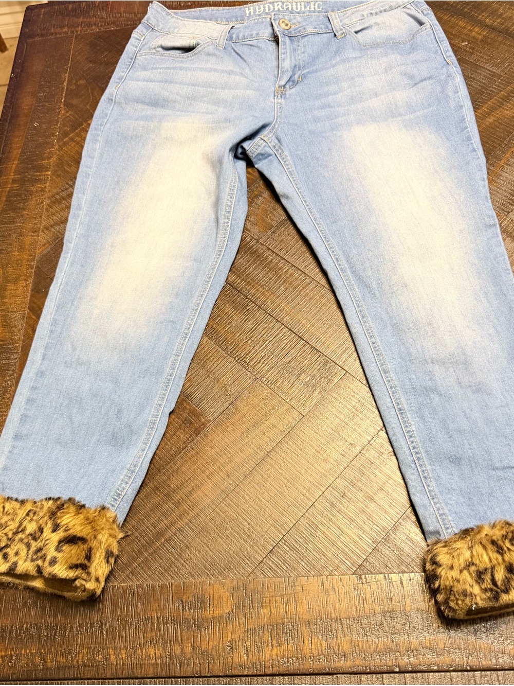 Hydraulic Light Blue Skinny Jeans with Leopard Faux-Fur Cuffs